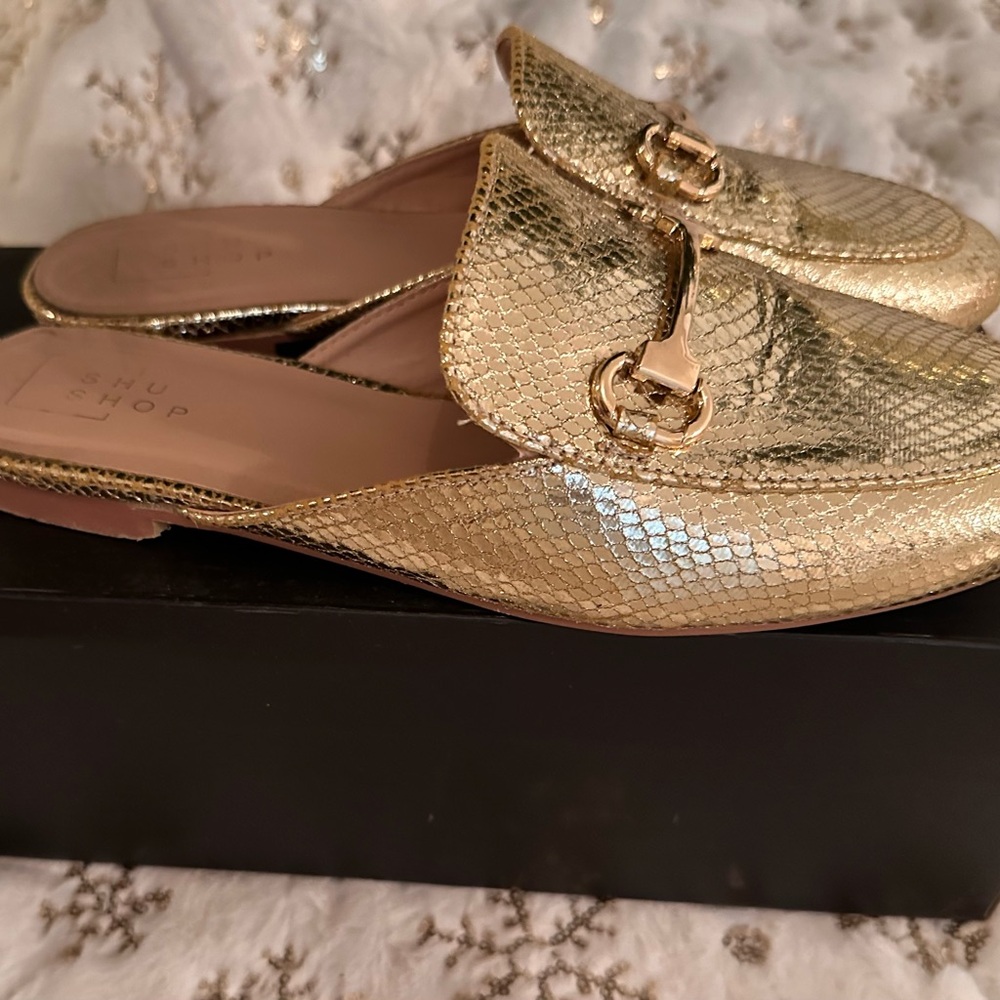 Shu Shop Gold Mules size 8